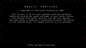 QBasic Nibbles Gorillas: Title screen and instructions